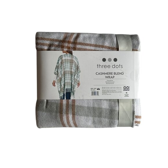 Three Dots Cashmere Blend Wrap With Fringe Detail In Grey Louisa Plaid  One Size - Picture 2 of 6